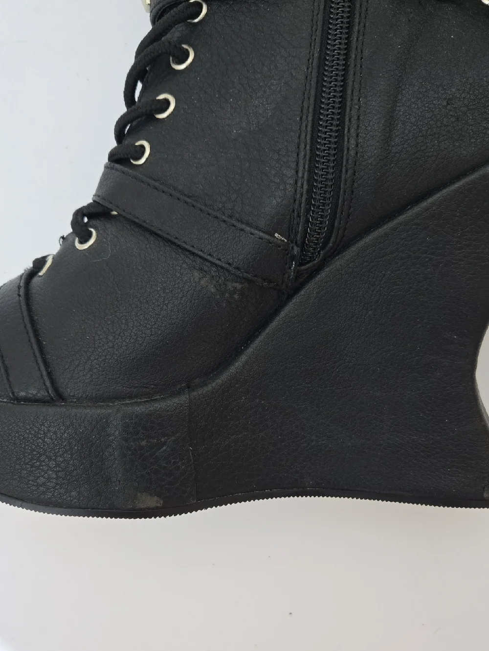 Demonia Black Peep-Toe Lace-Up Punk Wedge Boots with Chains & Studs